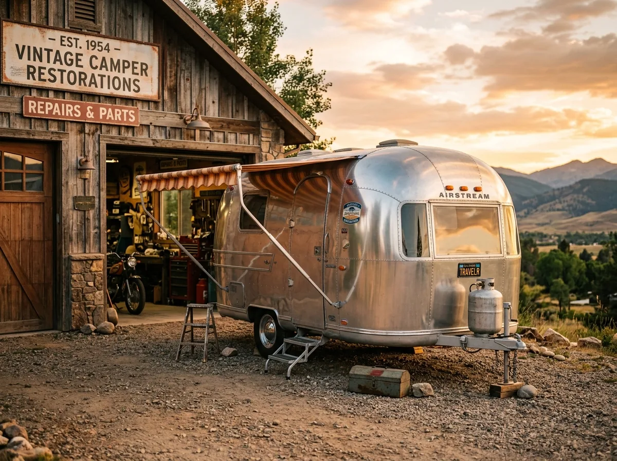 Silberner Airstream-Camper vor einer Holzwerkstatt in goldener Abendstimmung
