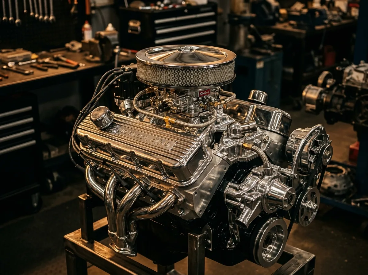 Verchromter V8-Motor auf Montageständer in der Werkstatt