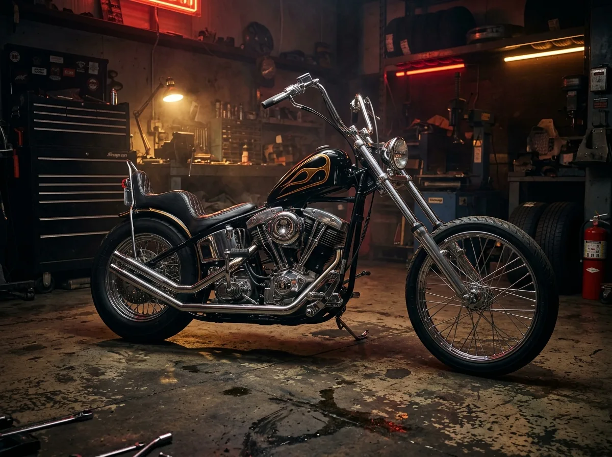 Schwarz-goldener Custom Chopper in dunkler Werkstattatmosphäre