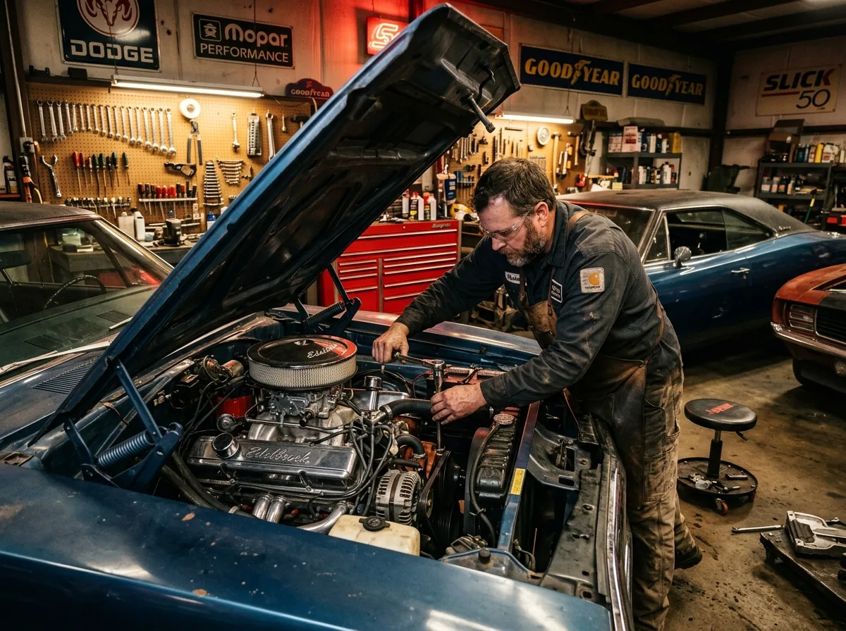 Mechaniker arbeitet am offenen V8-Motor